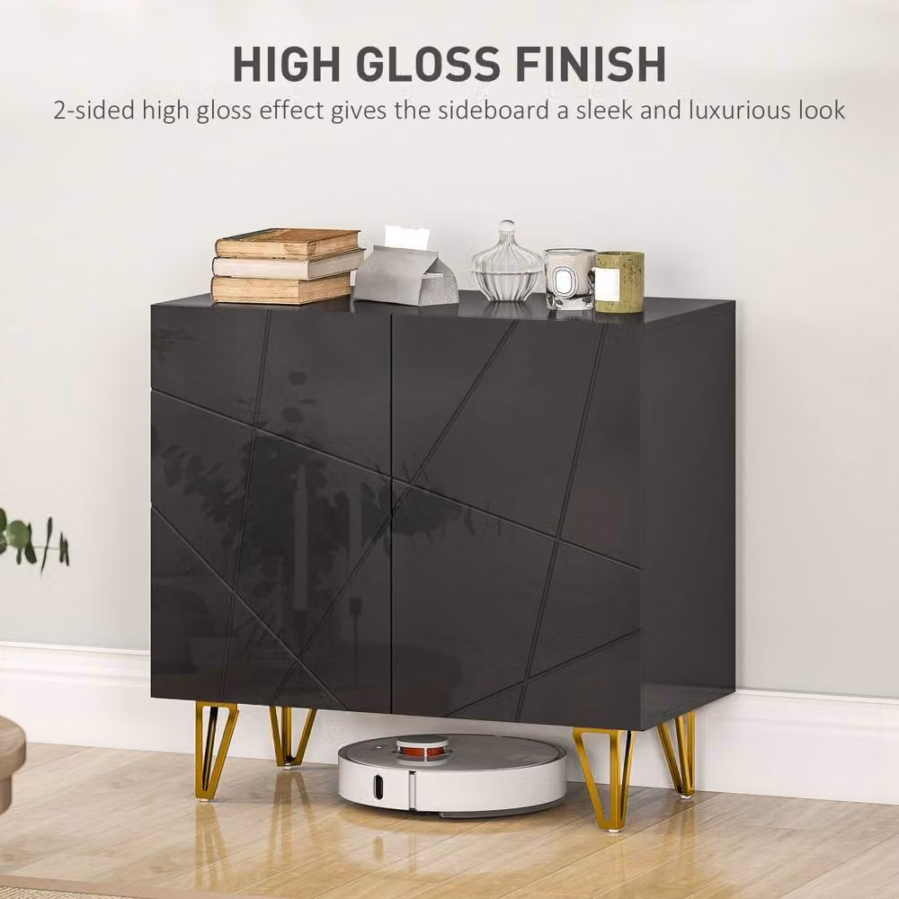 Wyld Haus Diro Modern High Gloss Black Sideboard with Geometric Pattern and Gold Hairpin Legs – 3