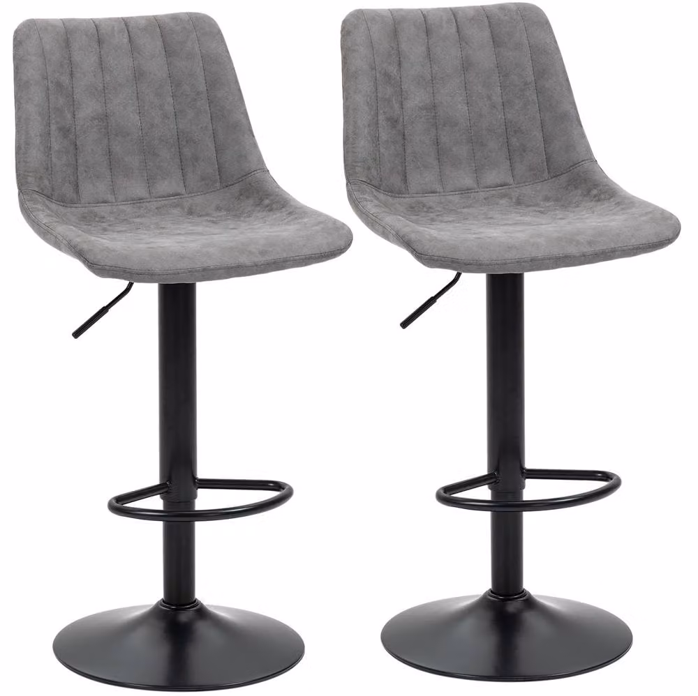 STILVORA Set of 2 Height Adjustable Grey Microfibre Bar Stools with 360 Degree Swivel and Metal Base – 3