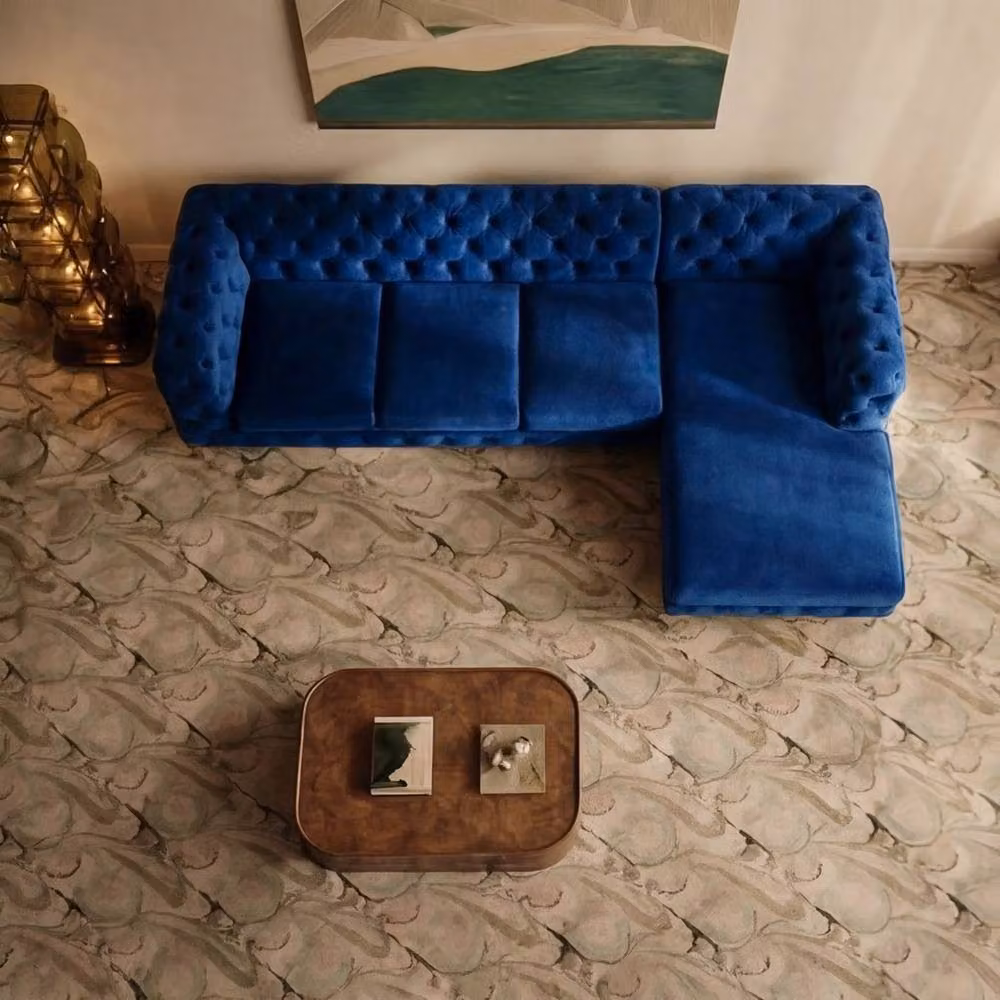 Sofaya Monaco Chesterfield 4 Seater L-Shaped Sofa in Blue Velvet with Right Hand Chaise – 4