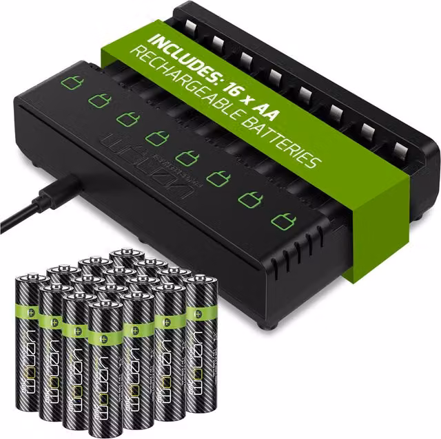 Venom 8-Way USB Charger with 16 x 2100mAh AA Rechargeable Batteries, Black