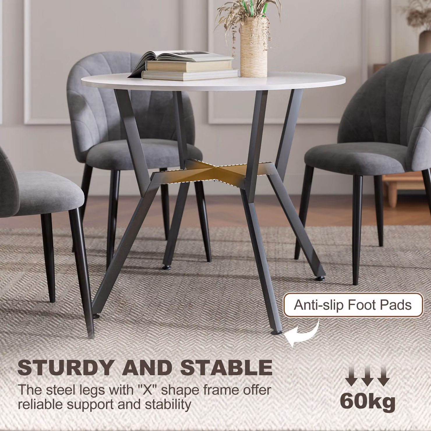 HOMCOM Round High Gloss White Dining Table with Black Metal Legs, Diameter: 90 cm, Height: 76 cm – 4