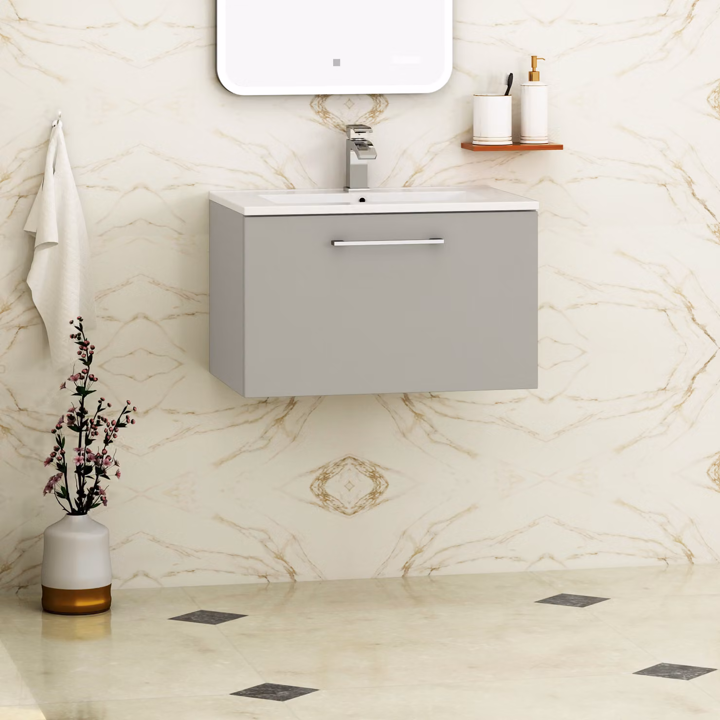 Royal Bathrooms Modena 800mm Wall Hung Vanity Unit in Satin Grey with Minimalist Basin and Internal Drawer