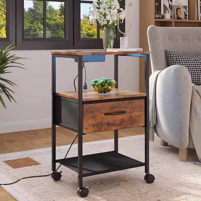 Lifeideas Industrial Bedside Nightstand with Integrated LED Lighting and Charging Station in Dark Brown and Black