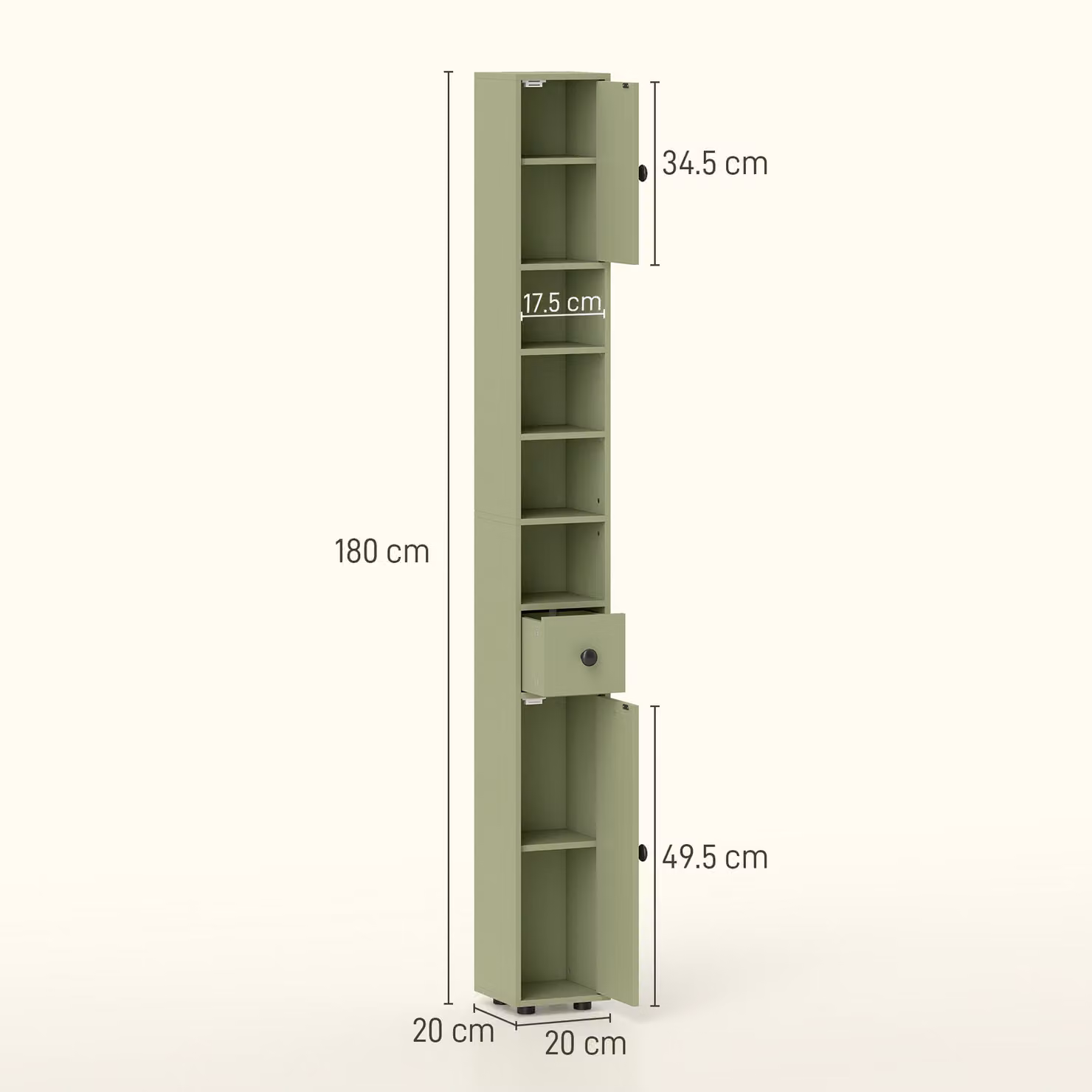 Kleankin Slim Green Bathroom Cabinet with Drawers, Shelves and Cupboards, H 180 x W 20 x D 20 cm – 3