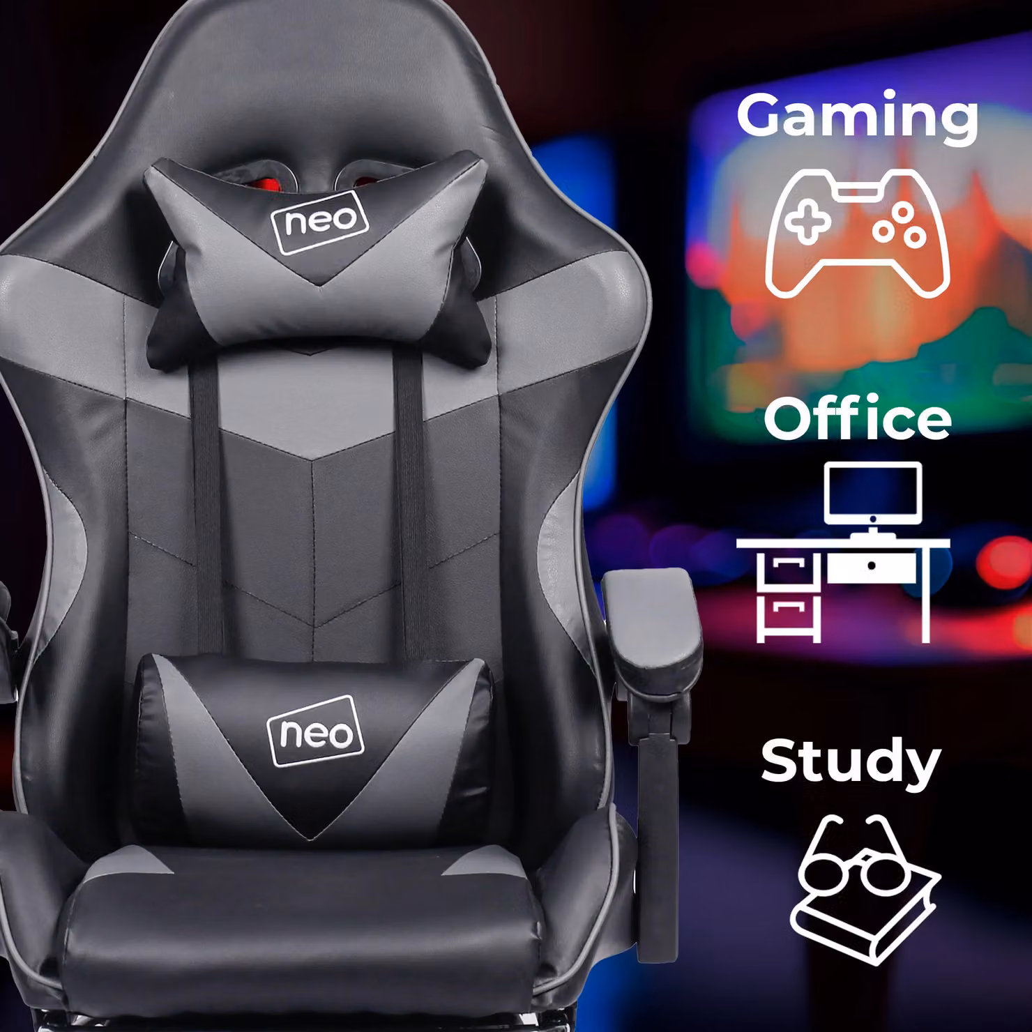 Neo Grey Synthetic Leather Gaming Chair with Footrest and Headrest – 3