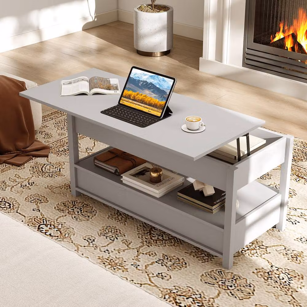 Gymax Rustic Lift Top Coffee Table with Hidden Compartments in Grey, W/D/H: 100 x 63.5 x 45 cm – 6