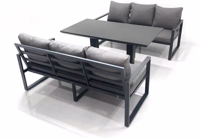 Fimous 6 Seater Aluminium Outdoor Garden Furniture Set with Adjustable Rising Lifting Dining Table and 3 Seater Sofa in Dark Grey