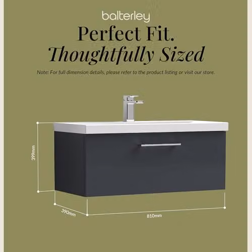 Balterley Wall Hung Single Drawer Vanity Unit with Basin in Dark Grey, W: 81.0 cm, D: 39.0 cm, H: 39.9 cm – 2