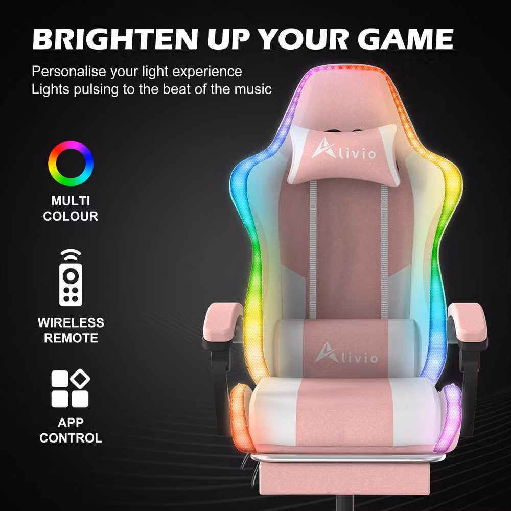 Alivio Pink RGB LED Gaming Chair with Massage Support, Footrest and App Control in Synthetic PU Leather – 4