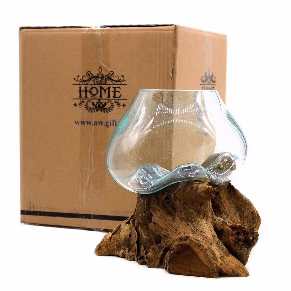 Serenityy Large Hand-Blown Molten Glass and Wood Bowl in Brown and Transparent, W/D/H: 22 x 22 x 18 cm – 3