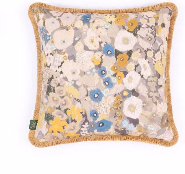 House of Hackney Hollyhocks Floral Cotton Linen Cushion in Beige and Multicolour, W/D/H: 45 x 45 x 45 cm
