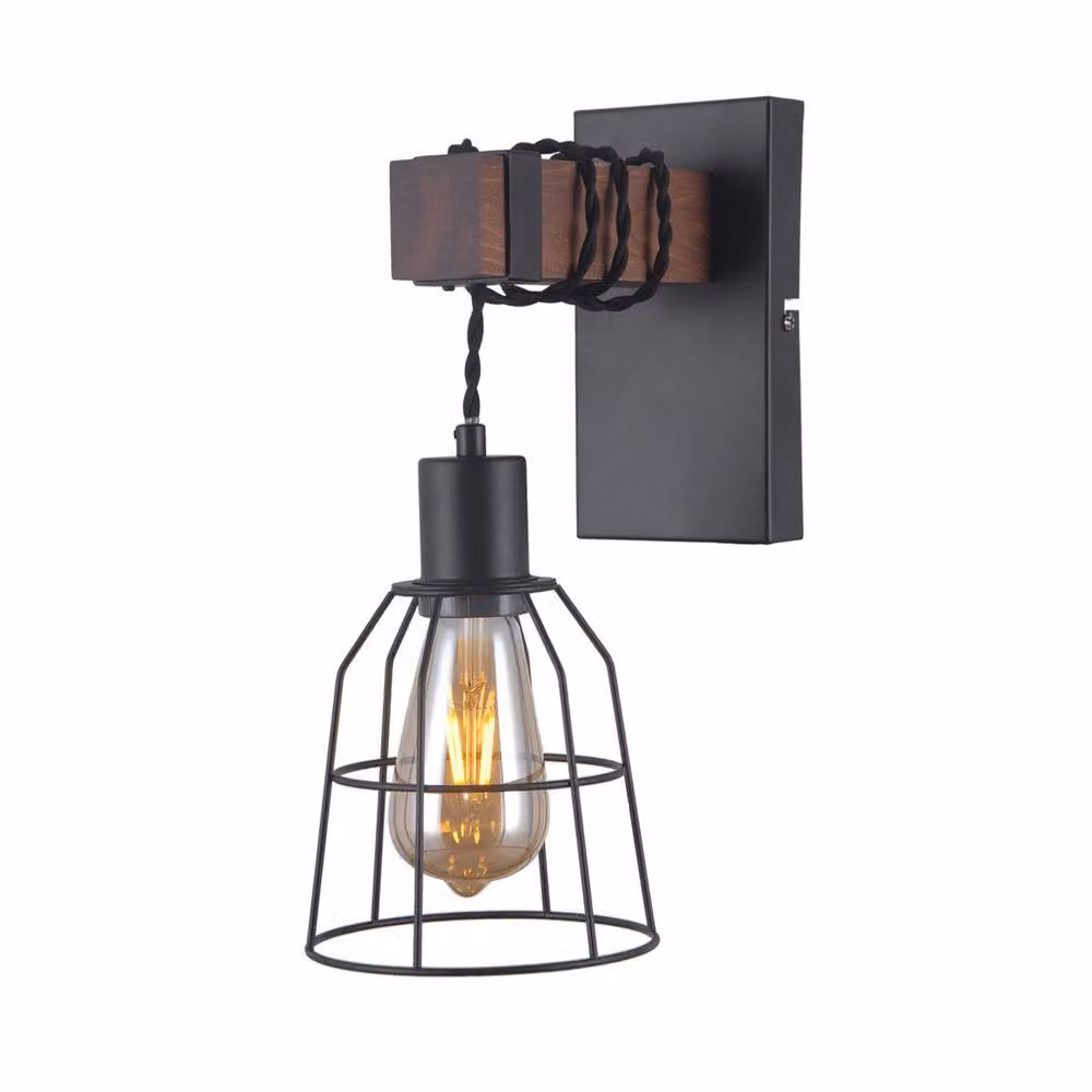 Netlighting Reda Industrial Wall Lamp in Matt Black and Wood with E27 Downlight – 2