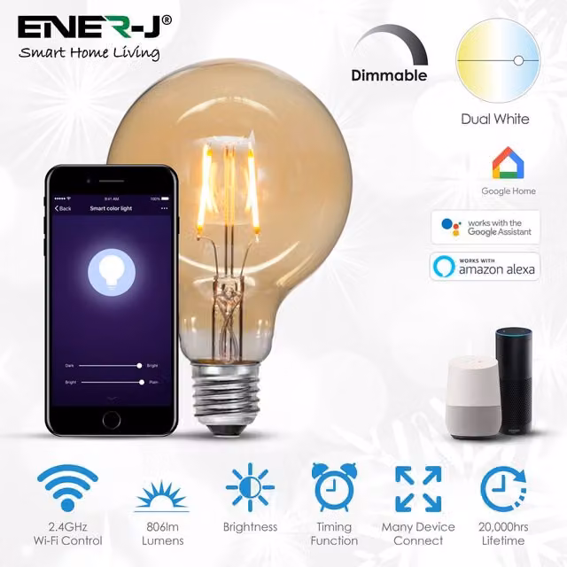 ENER-J Amber LED Filament Globe Bulb, E27, Dimmable, 2700-6000K – 1