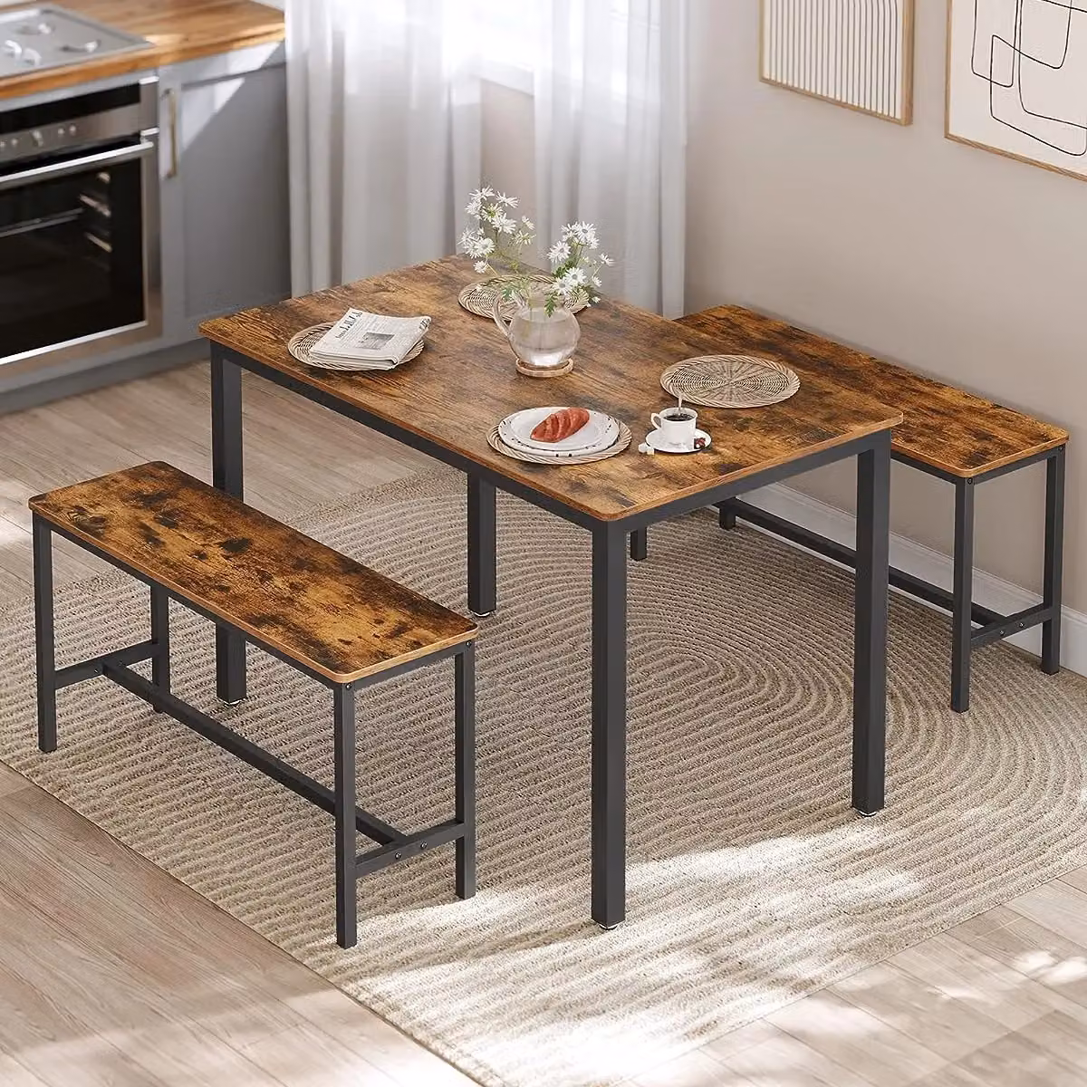 VASAGLE 3 Piece Industrial Style Dining Table and Benches Set in Dark Brown – 2