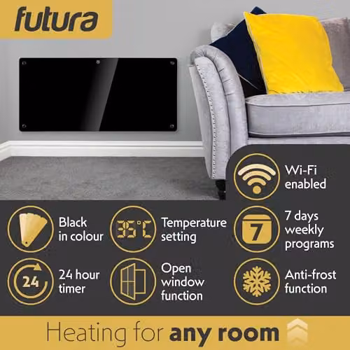 Futura 2000W WiFi Smart Glass Panel Convector Heater, Black, Wall Mounted or Freestanding – 3