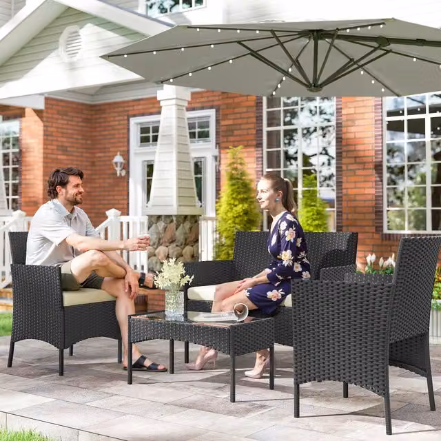 Outsunny 4 Piece Modern Rattan Garden Furniture Sofa Set with Cushions and Glass Table in Beige, White and Grey