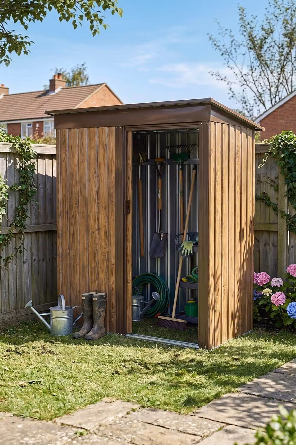 Garden Sanctuary Brown Metal Outdoor Storage Shed with Lockable Sliding Pent Door, W: 91.44 cm, D: 152.4 cm – 2