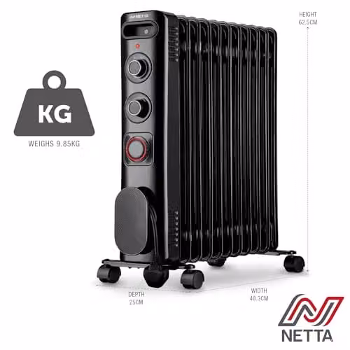 Netta 2500W Electric Oil Filled Radiator in Black with Thermostat, 24 Hour Timer and Overheat Protection – 7