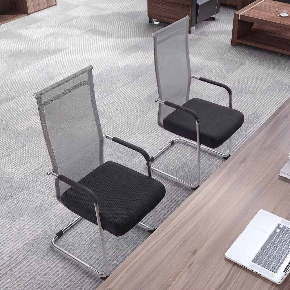 Gymax Set of 2 Grey Fabric Meeting Room Conference and Office Guest Chairs with Armrests – 6