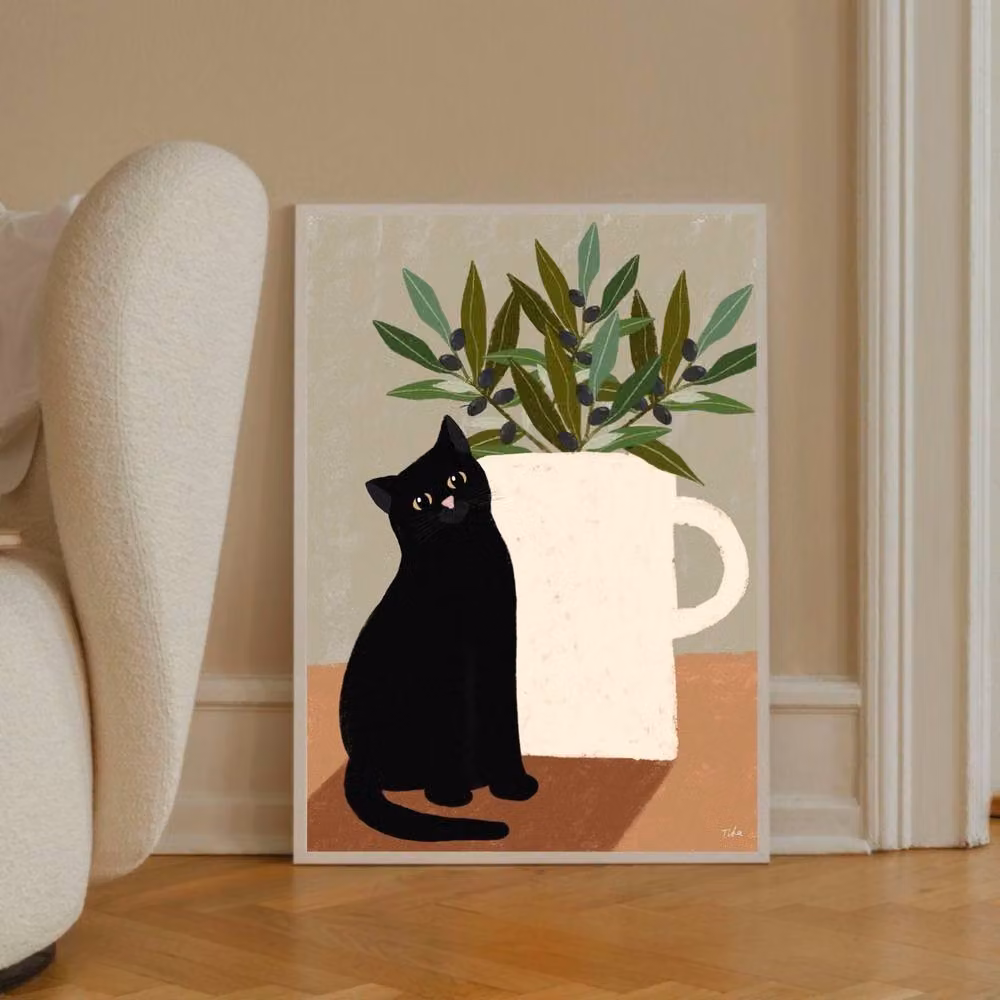 The Paper Tail Black Cat & Olives Multicolour Art Print, W: 14.8 cm, H: 21.0 cm – 2