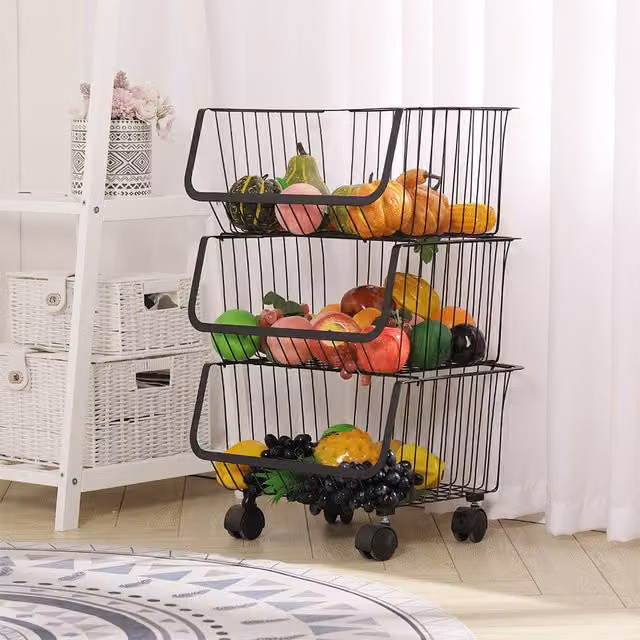 Livingandhome Multifunction Metal Wire Rolling Trolley Kitchen Floor Shelf, Black, Width: 60 cm