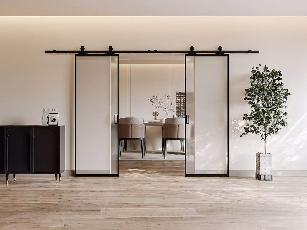 Vente-unique Double Sliding Flush Door in Black with Aluminium and Frosted Tempered Glass – 2