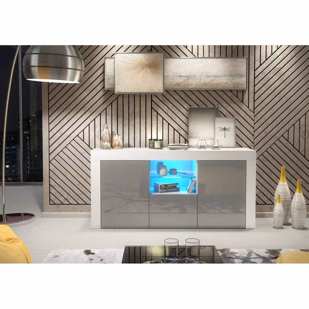 FORGEVIO Modern TV Unit Cabinet with White Matt Body and Grey Gloss Doors – 3