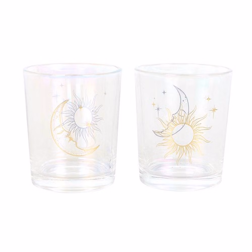 Uniqueful Iridescent Sun and Moon Votive Tealight Candle Holders in Gold and Multicolour Glass – 3