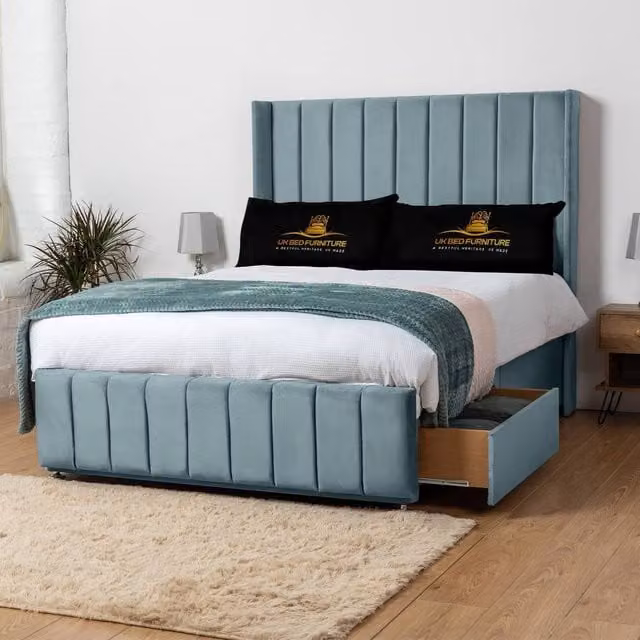 UK Bed Furniture Arizona Wingback Divan Bed with 54 Inch Headboard and 2 Drawers in Light Blue, King Size, W/D/H: 180 x 137.16 x 200 cm