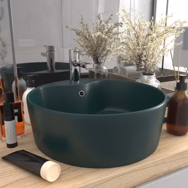 Berkfield Home Luxury Ceramic Round Countertop Wash Basin with Overflow, Matt Dark Green, W: 36 cm, D: 13 cm – 1