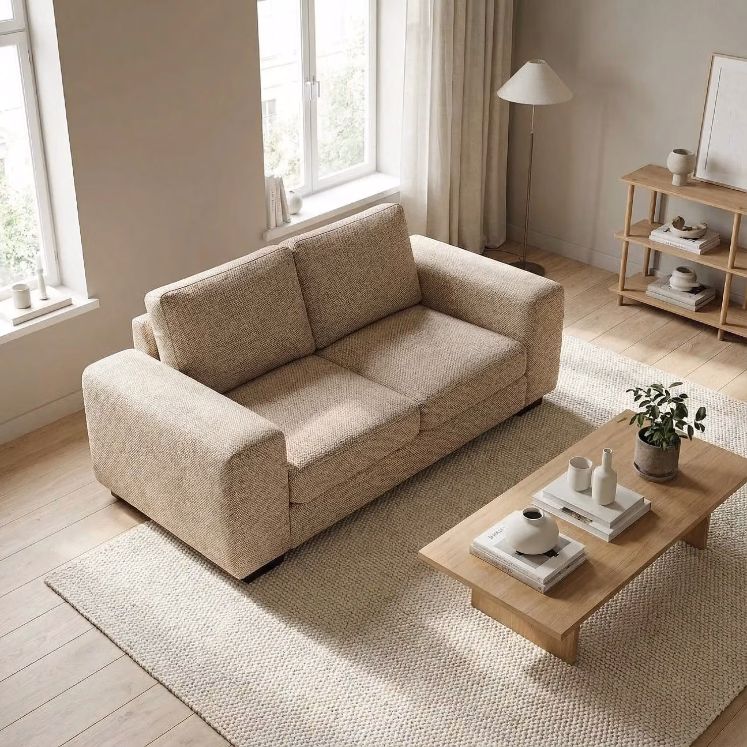 Abakus Direct Boston 2 Seater Fabric Sofa in Beige with Solid Wood Frame – 2