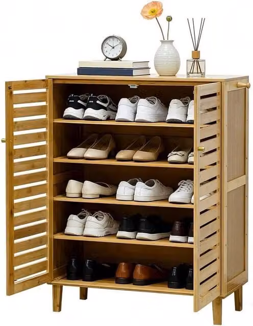 Hinsinc 6-Tier Wooden Shoe Cabinet Storage with Hinged Doors in Natural Brown – 1