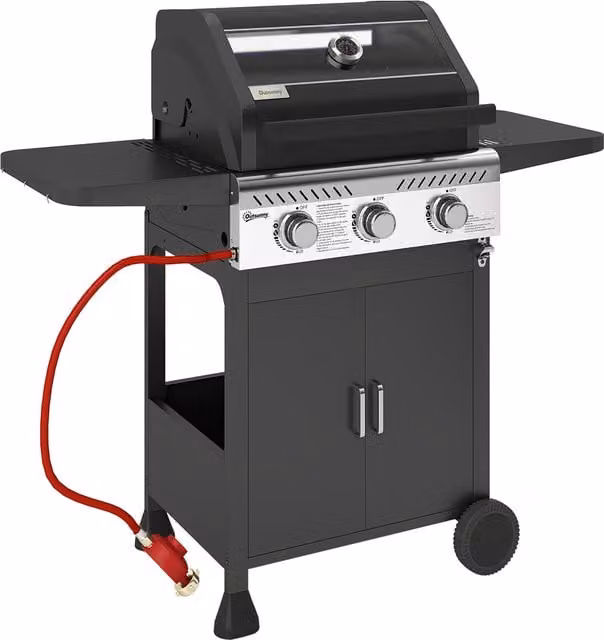 Outsunny 7.5kW Three-Burner Gas BBQ Grill with See-Through Lid and Warming Rack, Black