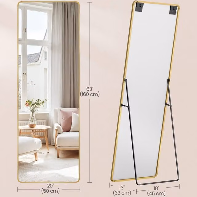 SONGMICS Full Length Freestanding Floor Mirror in Gold, Rectangular Modern Design, H 160 x W 50 x D 1 cm