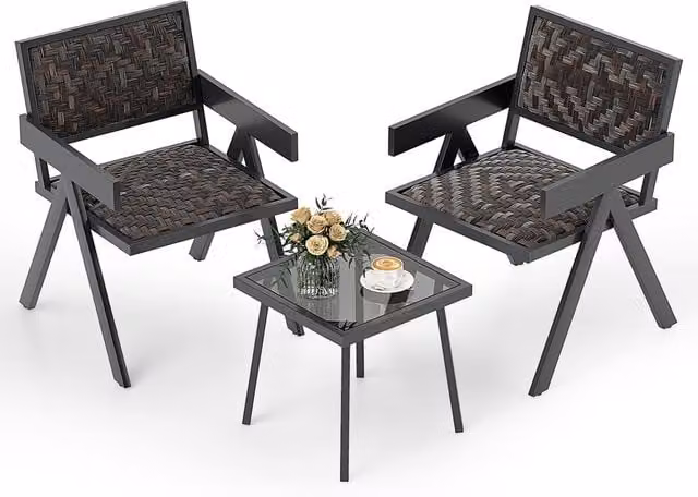 Costway 3 Piece Brown PE Wicker Bistro Set with Glass Tabletop