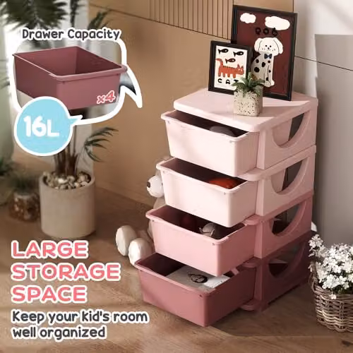 HOMCOM 4-Tier Plastic Kids Toy Storage Unit with 4 Drawers, Pink – 3