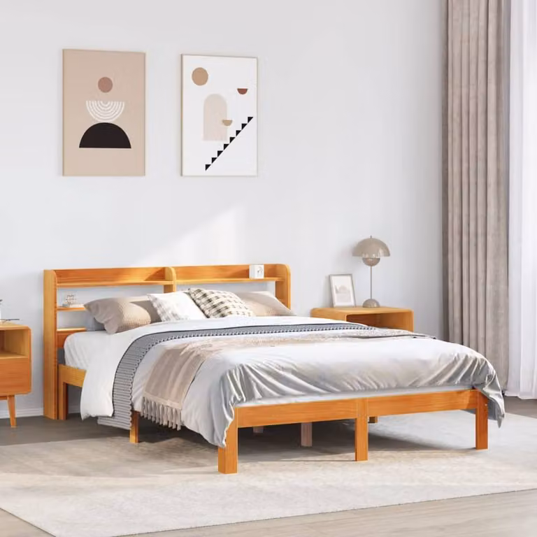 Berkfield Home Sleek Solid Wood Bed Frame in Wax Brown, W/D/H: 135 x 190 x 82 cm