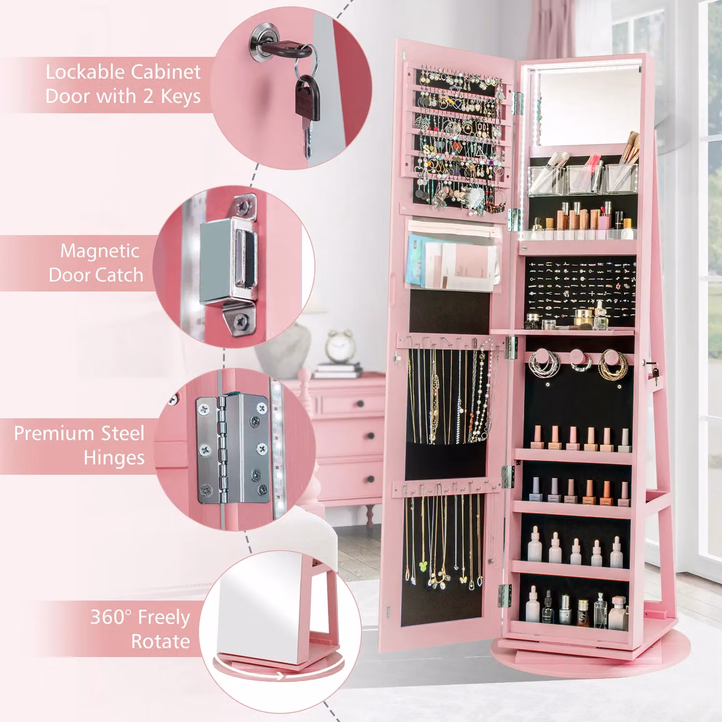 Costway 360 Rotating Standing Jewelry and Makeup Armoire with LED Lighting and Lock in Pink – 5