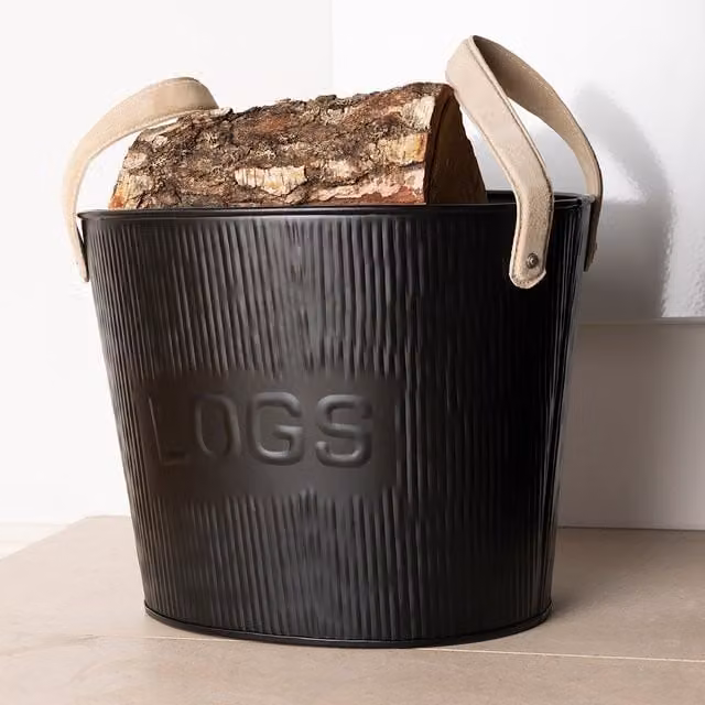 Charles Bentley Classic Style Matte Black Iron Fireside Wood Bucket with Leather Handles, Diameter: 30 cm