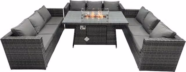 Fimous 9 Seater U-Shape Outdoor Rattan Lounge Sofa Set with Gas Firepit and Dining Table in Dark Grey