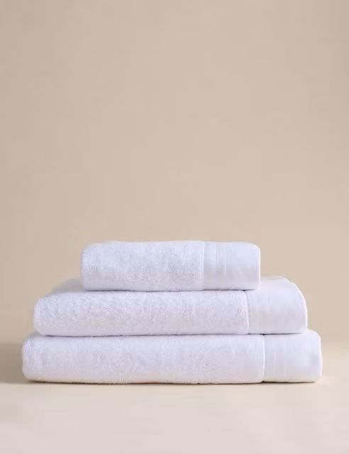 M&S White Pure Cotton Fluffy Towel with Linen Border
