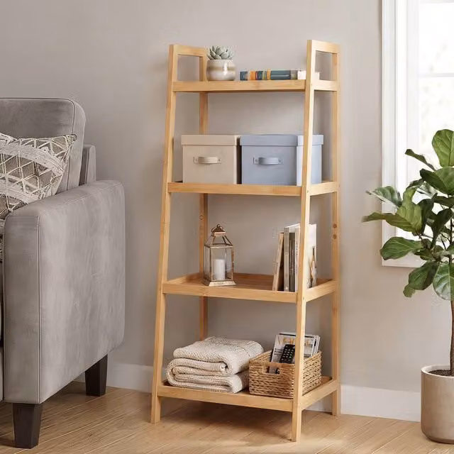 Levede 4 Tier Corner Bamboo Bathroom and Kitchen Storage Shelves in Natural Wood