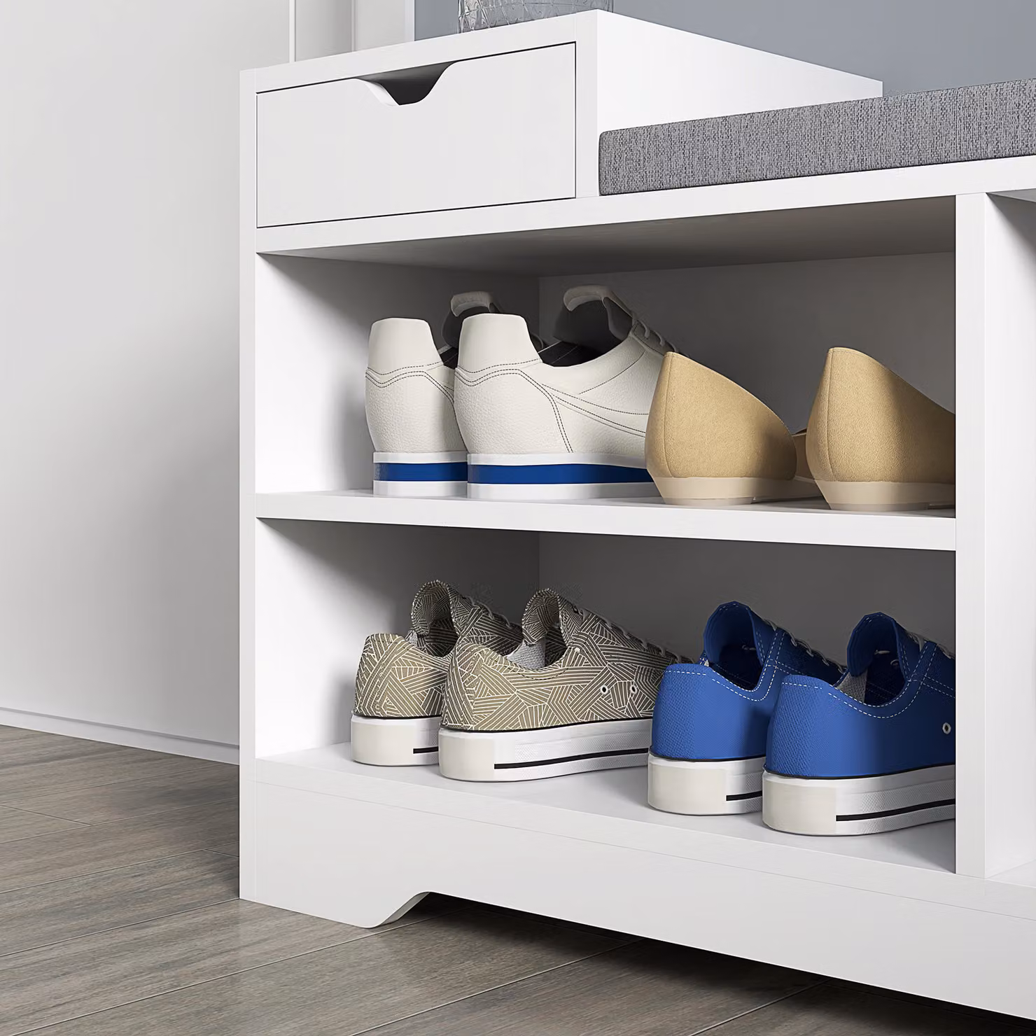 HOMCOM White Upholstered Entryway Shoe Storage Bench with Drawer and 3 Open Shelves – 4
