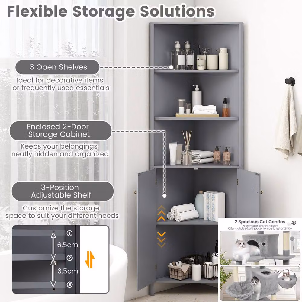 Costway Modern Grey Corner Storage Cabinet with 5 Shelves and Hinged Doors – 3
