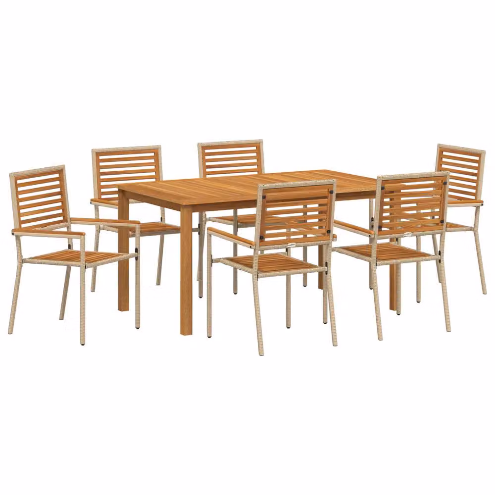 Berkfield Home 7 Piece Beige Poly Rattan and Acacia Wood Garden Dining Set – 2