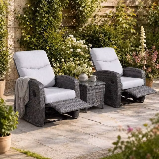 Shatchi Verona 2 Seater Rattan Reclining Bistro Set with Dark Grey Cushions