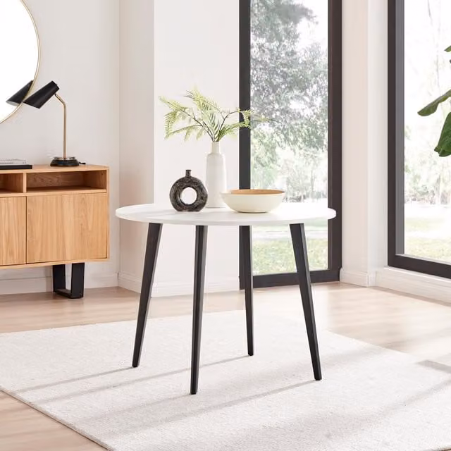 FurnitureboxUK Koko 4-Seater Round Dining Table in White with Black Legs – 1