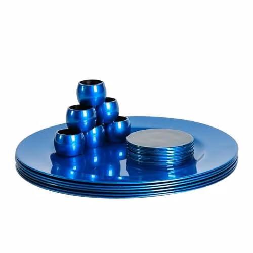 Argon Tableware 18pc Metallic Blue Melamine Charger Plates, Coasters and Napkin Rings Set, Diameter: 33 cm
