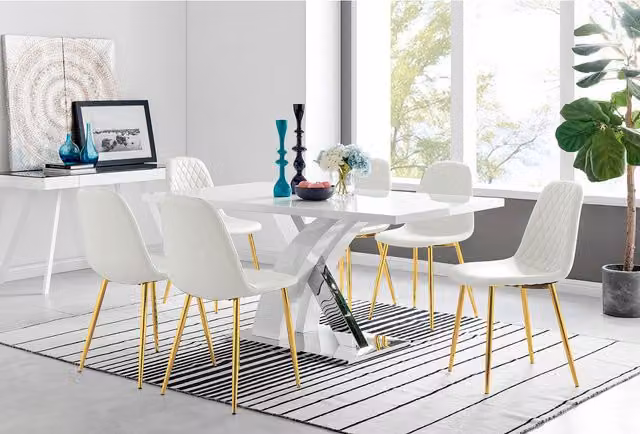 FurnitureboxUK Atlanta Modern High Gloss White Rectangular Dining Table and 6 Corona Gold Chairs Set