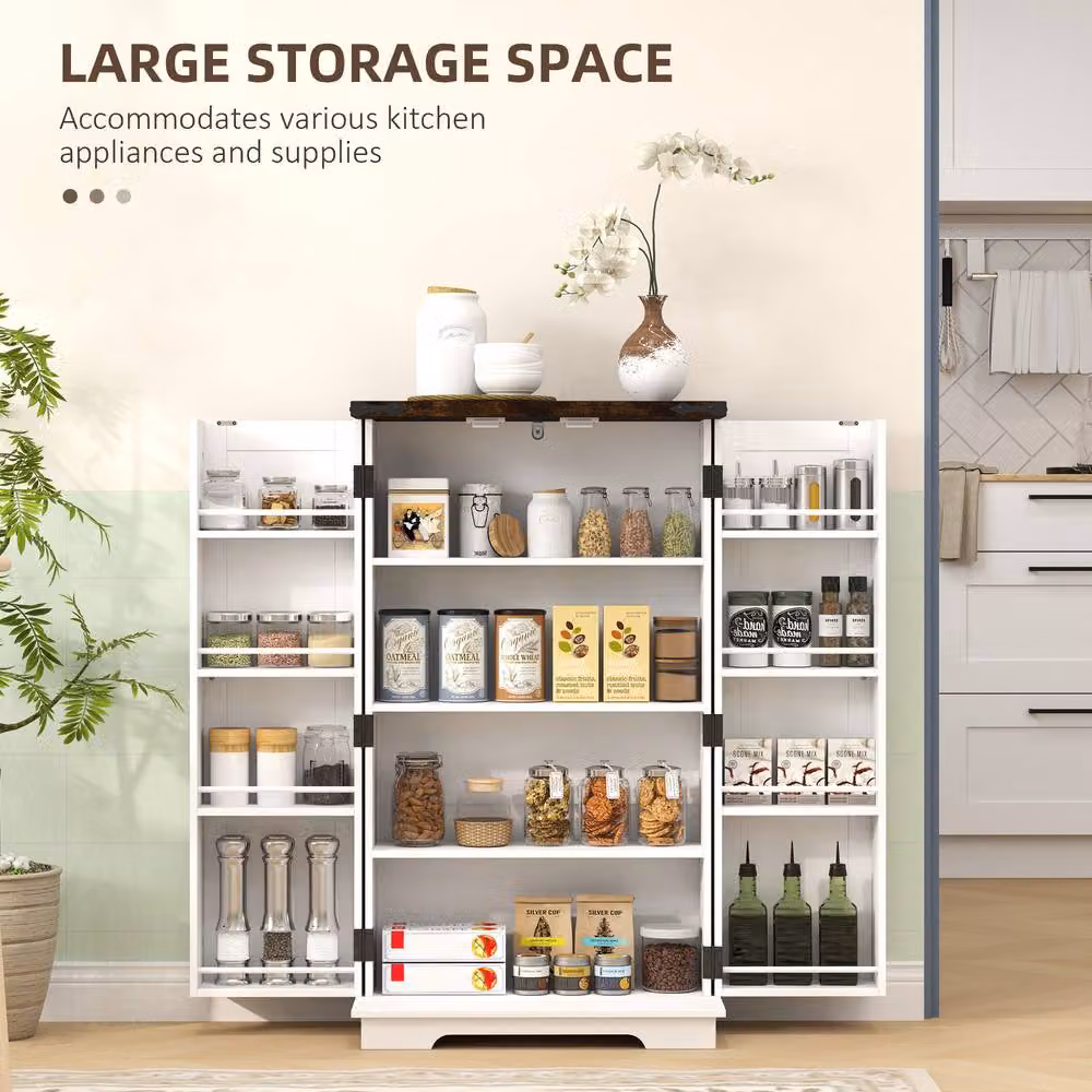 HOMCOM White Kitchen Cupboard Pantry Cabinet with Adjustable Shelves and Hinged Doors – 3